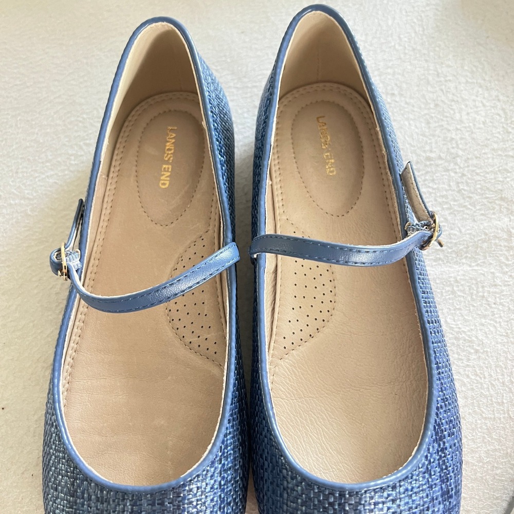 Lands End Mary Jane Flats Women 6.5 Blue Woven Textured Buckle Strap Shoes - Picture 10 of 12